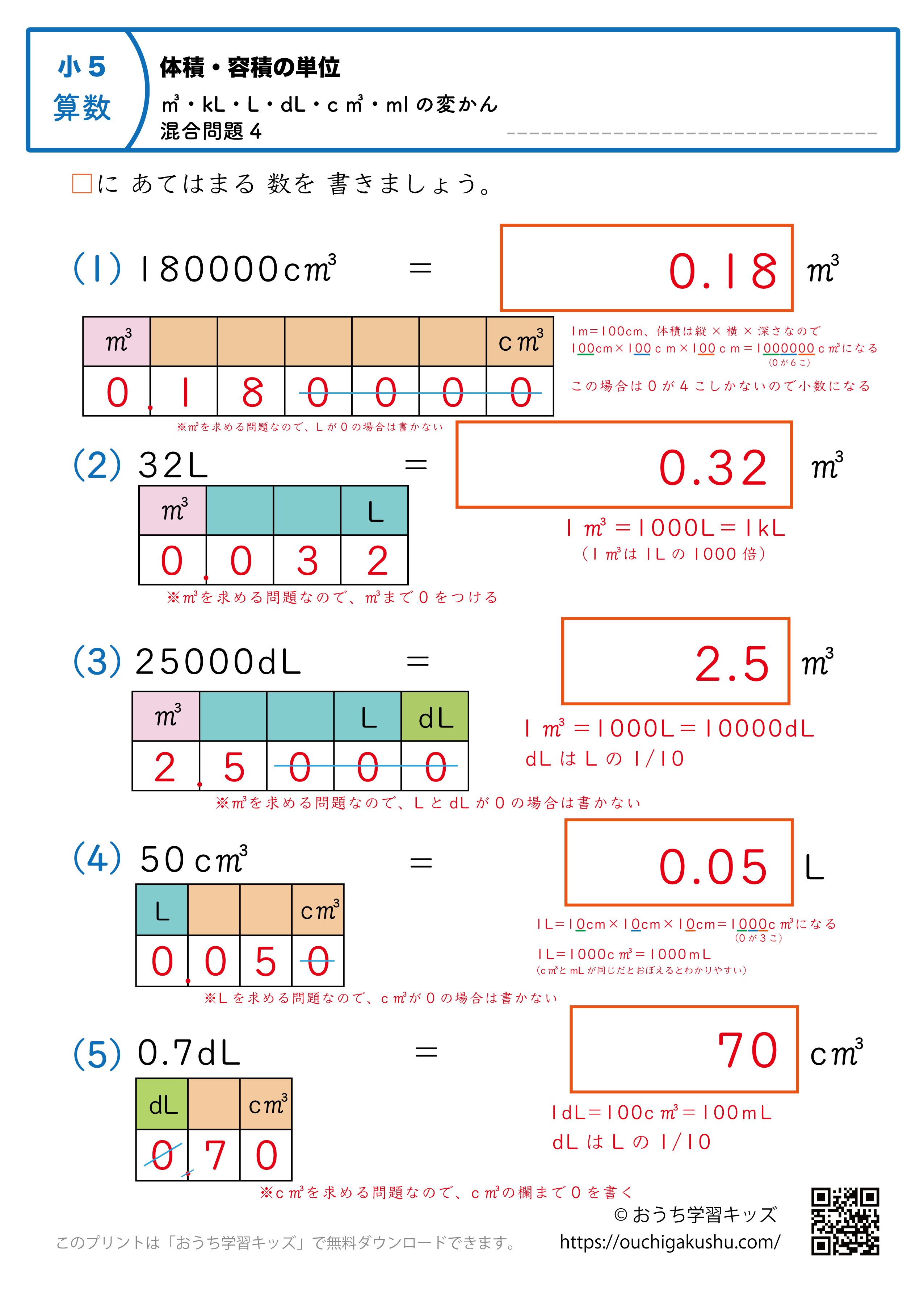 体積・容積の単位（小学5年生）㎥・kL・L・dL・c㎥・mlの変換・混合問題4｜算数プリント（補助付き・答え）