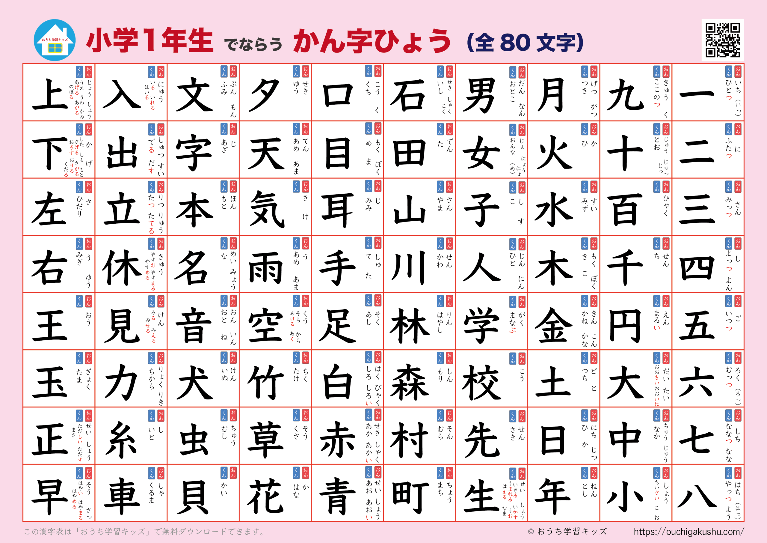 漢字表・ポスター（小学1年生）ピンク