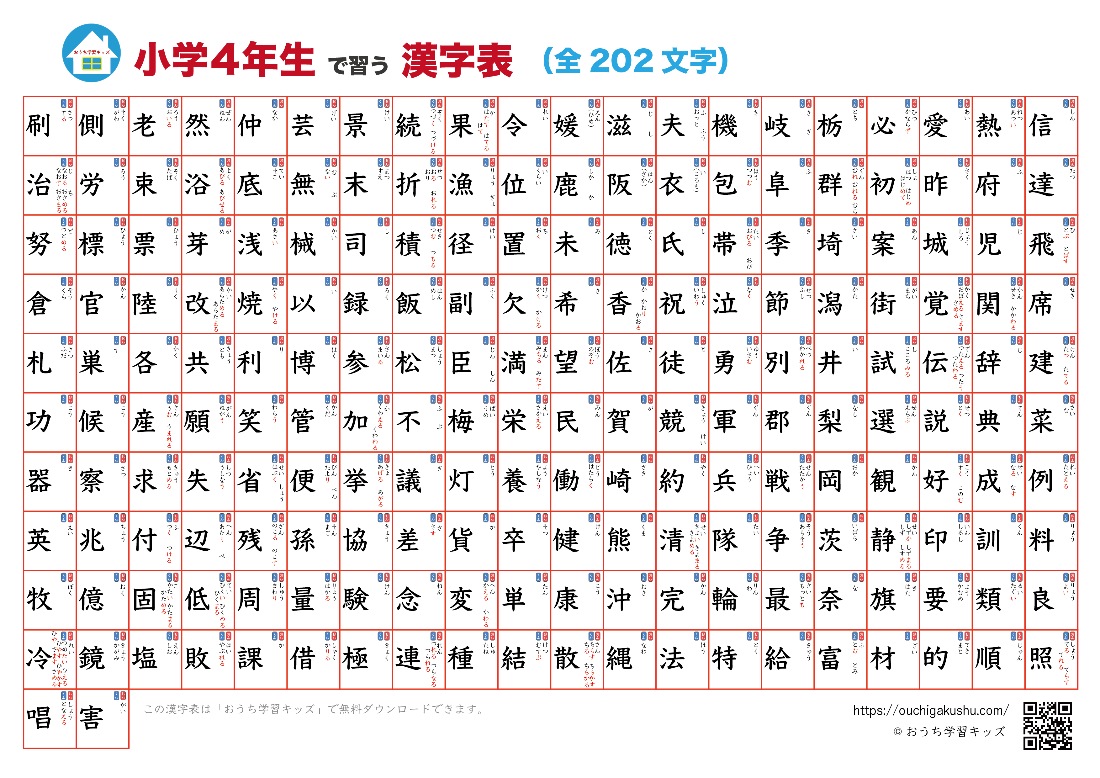 漢字表・ポスター（小学4年生）ホワイト