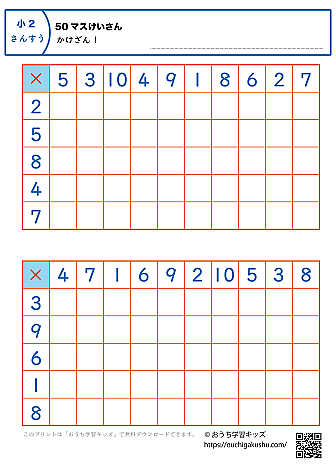 50マス計算・掛け算｜練習問題1｜小学2年生｜算数プリント