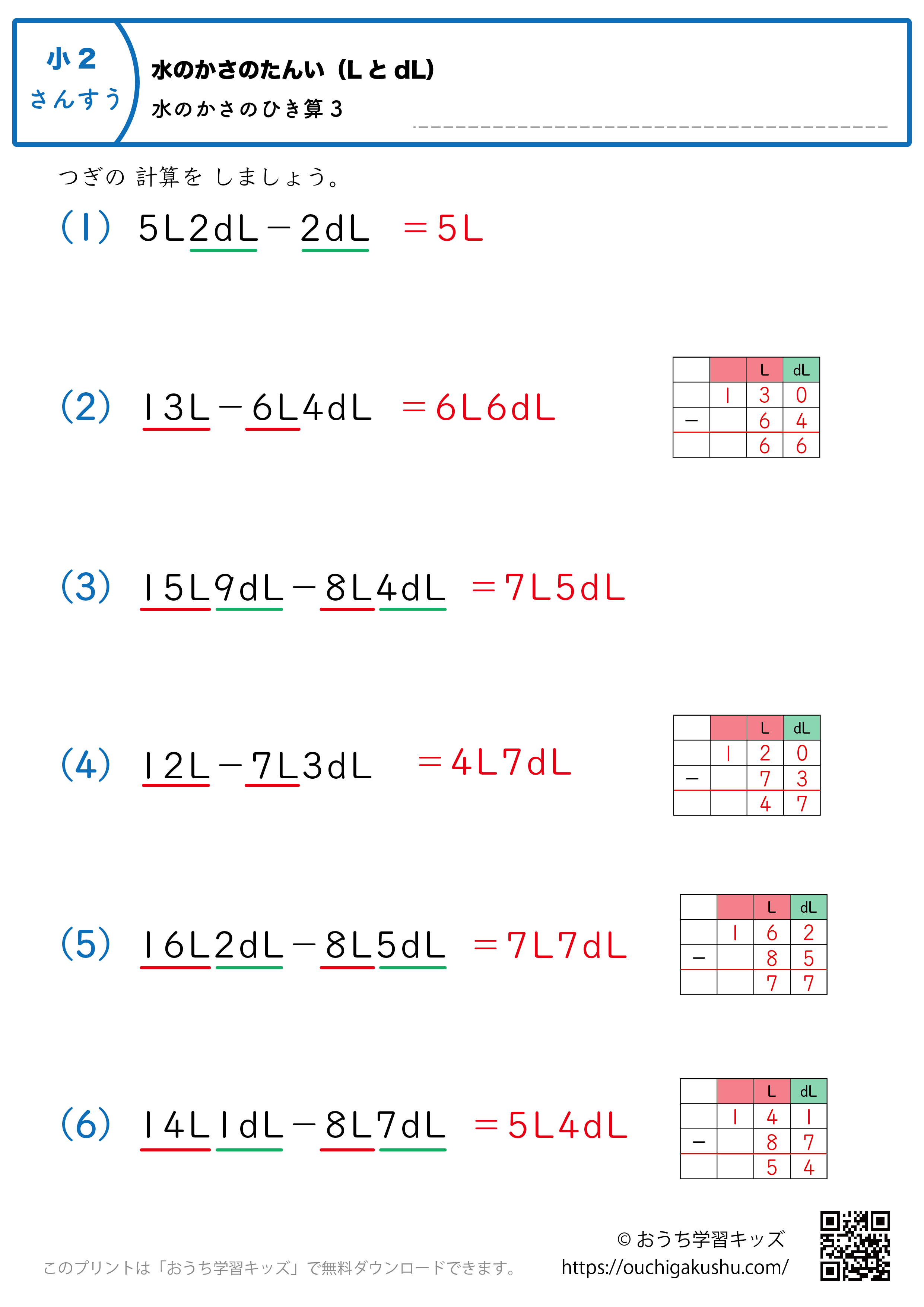 水のかさの単位（LとdL）水のかさの引き算｜練習問題3｜小学2年生｜算数プリント（解説付き答え）