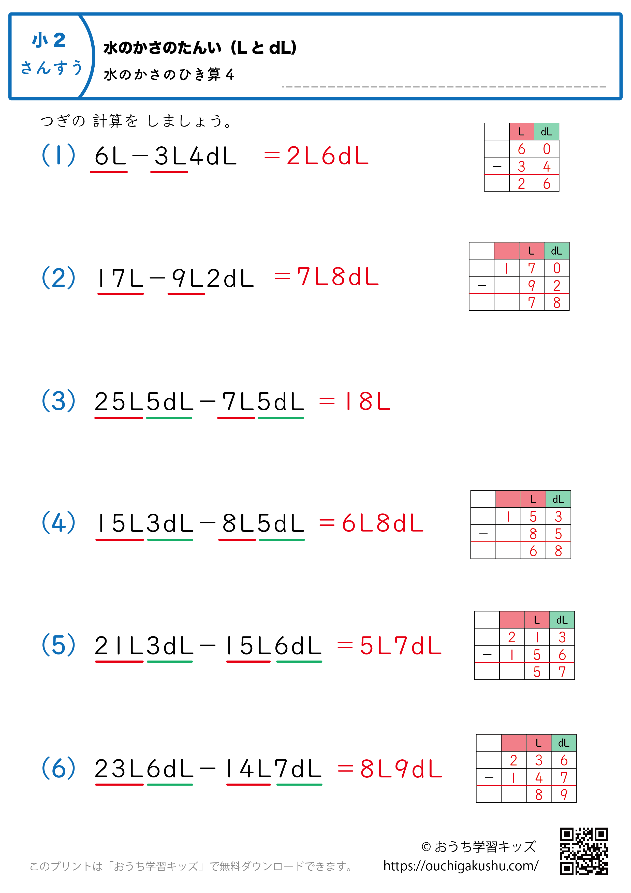 水のかさの単位（LとdL）水のかさの引き算｜練習問題4｜小学2年生｜算数プリント（解説付き答え）