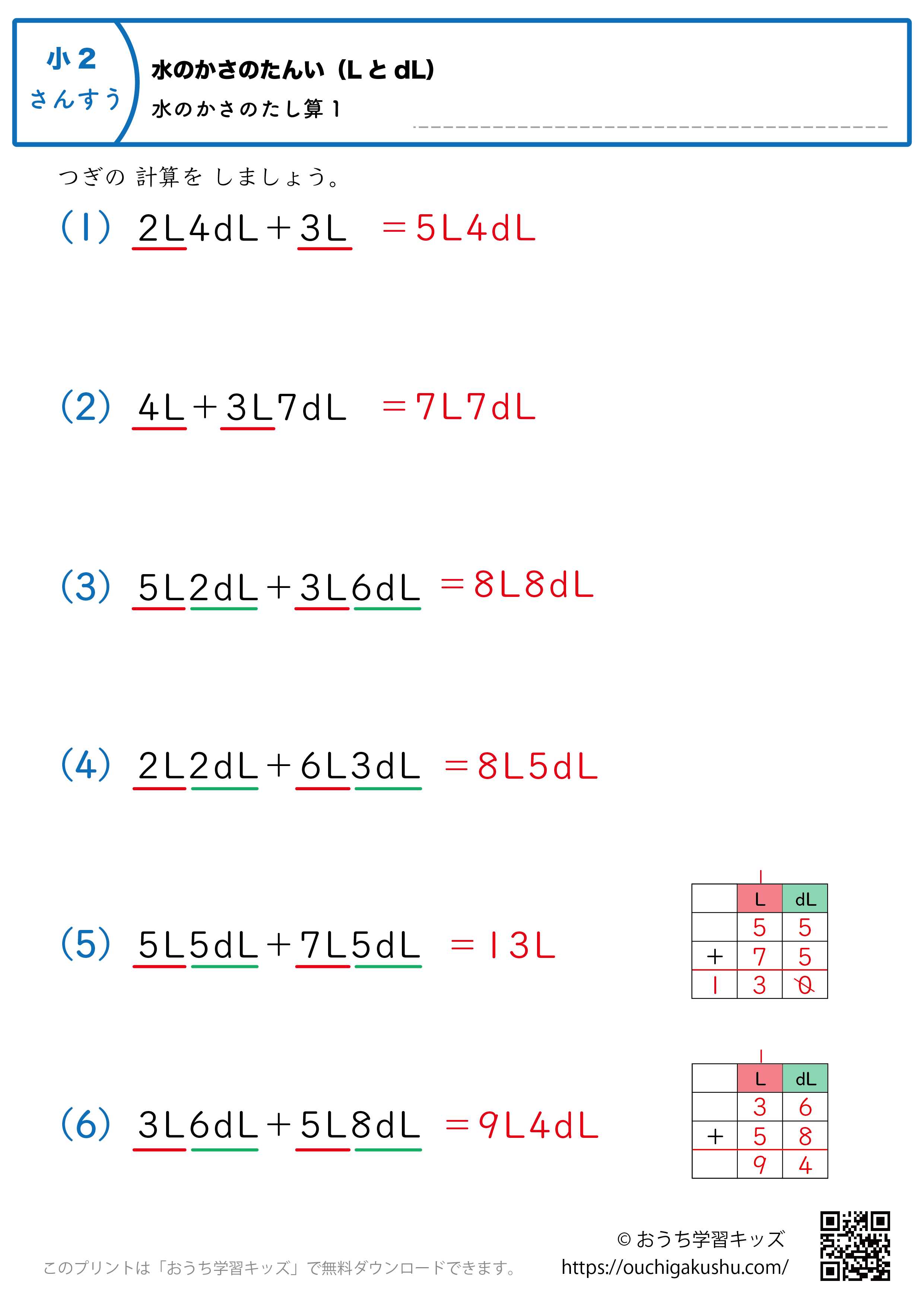 水のかさの単位（LとdL）水のかさの足し算｜練習問題1｜小学2年生｜算数プリント（解説付き答え）