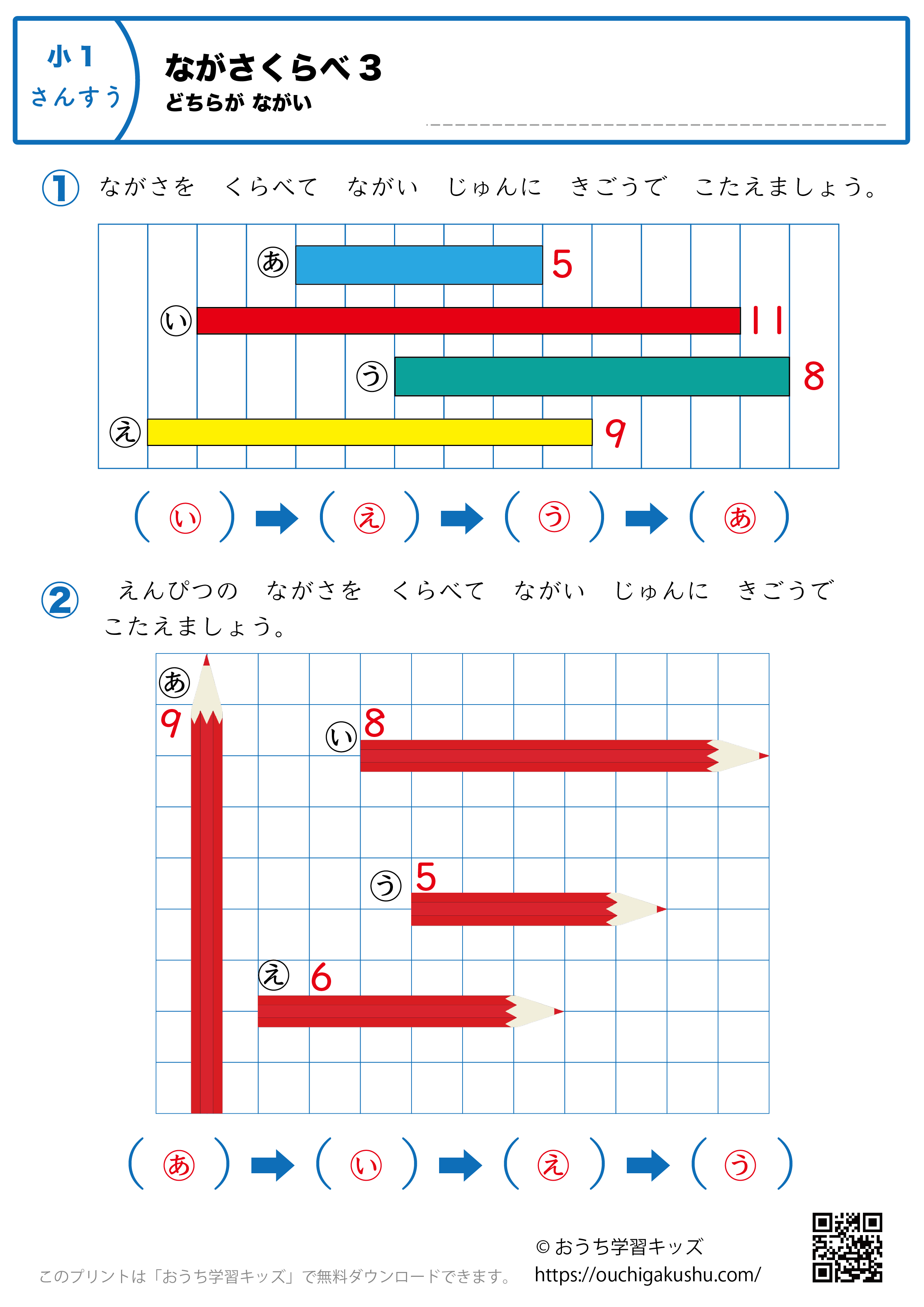 長さ比べ（どちらが長い）｜練習問題3｜小学1年生｜算数プリント（答え）