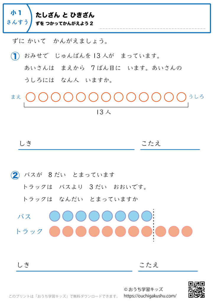 足し算と引き算・図を使って考えよう|練習問題2|小学1年生|算数プリント | 無料プリント教材|おうち学習キッズ