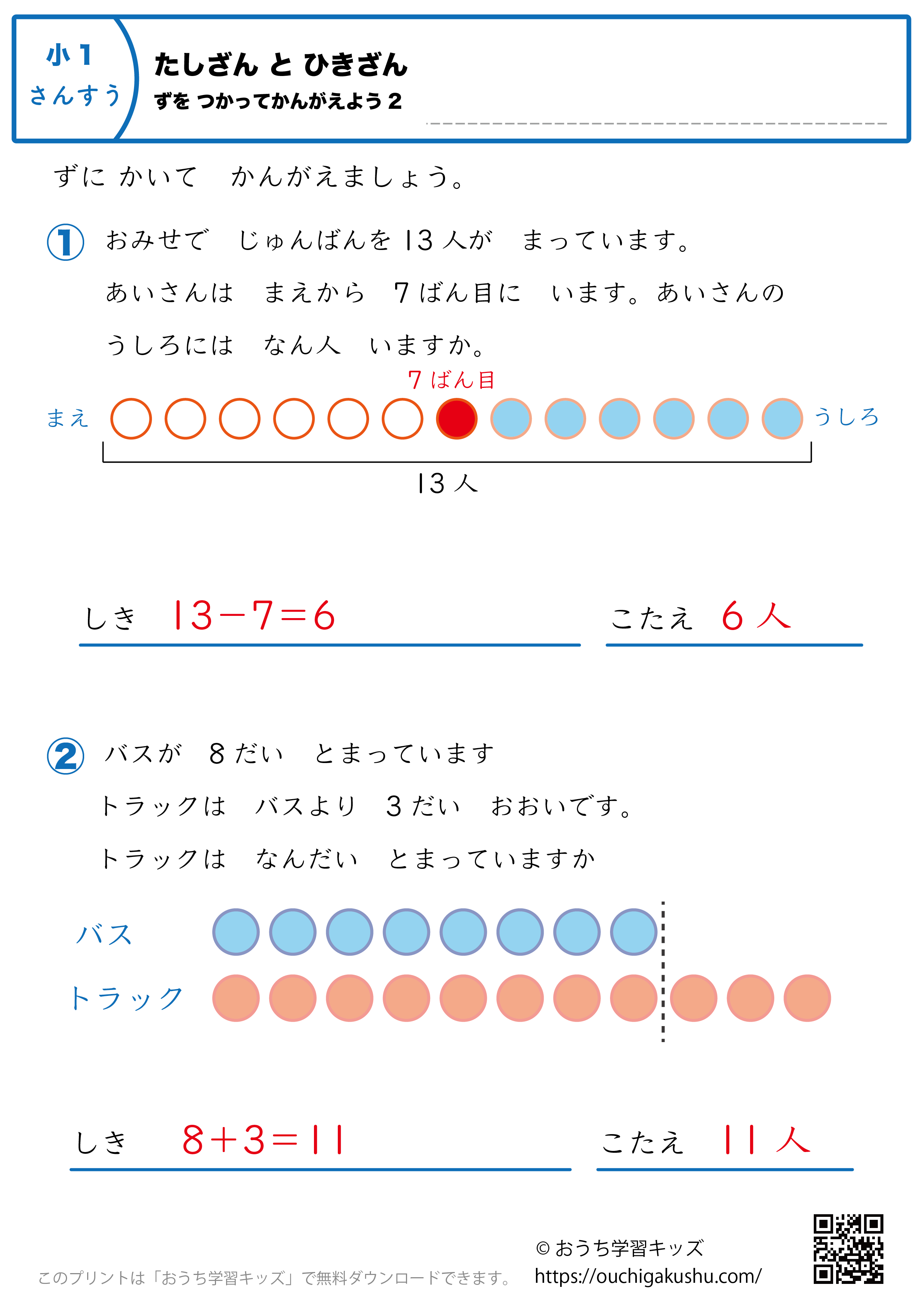 足し算と引き算・図を使って考えよう｜練習問題2｜小学1年生｜算数プリント（答え）
