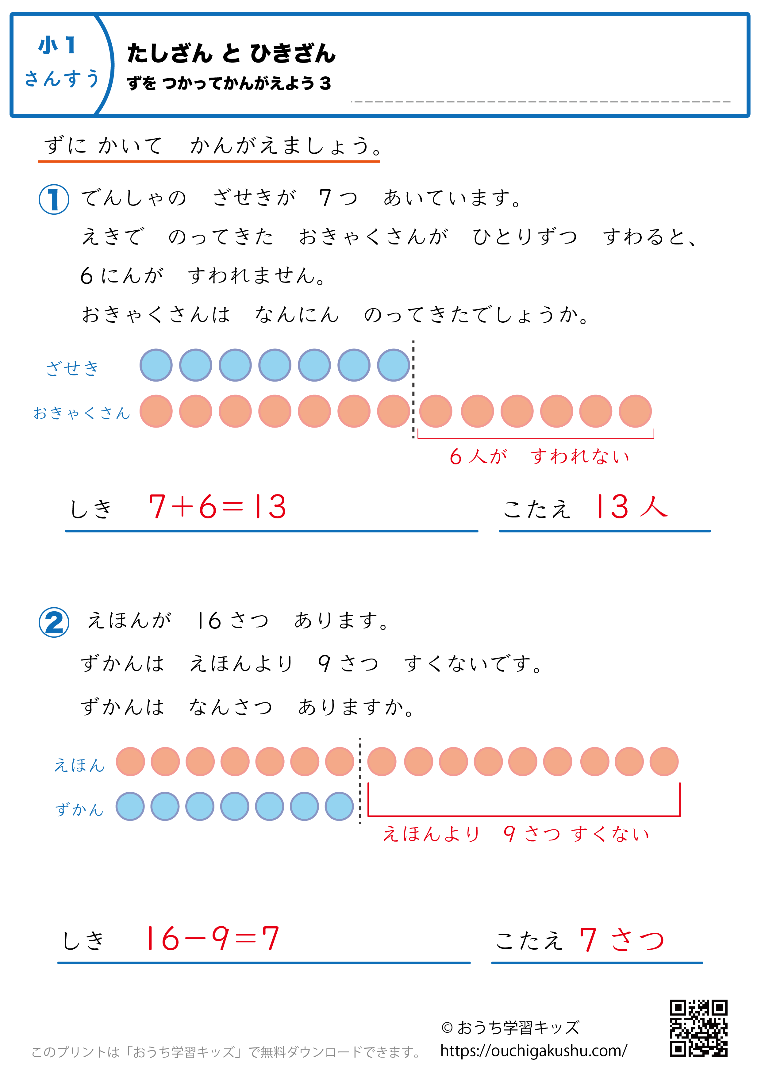 足し算と引き算・図を使って考えよう｜練習問題3｜小学1年生｜算数プリント（答え）