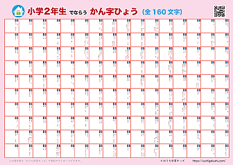 自分で書いて飾れる漢字表・ポスター（小学2年生）ピンク