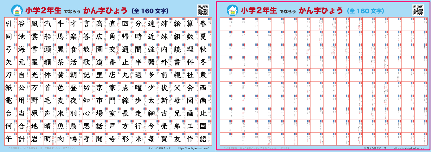 漢字表・ポスター（小学2年生）ブルー。漢字が書かれたタイプと自分で書いて飾れるタイプの比較