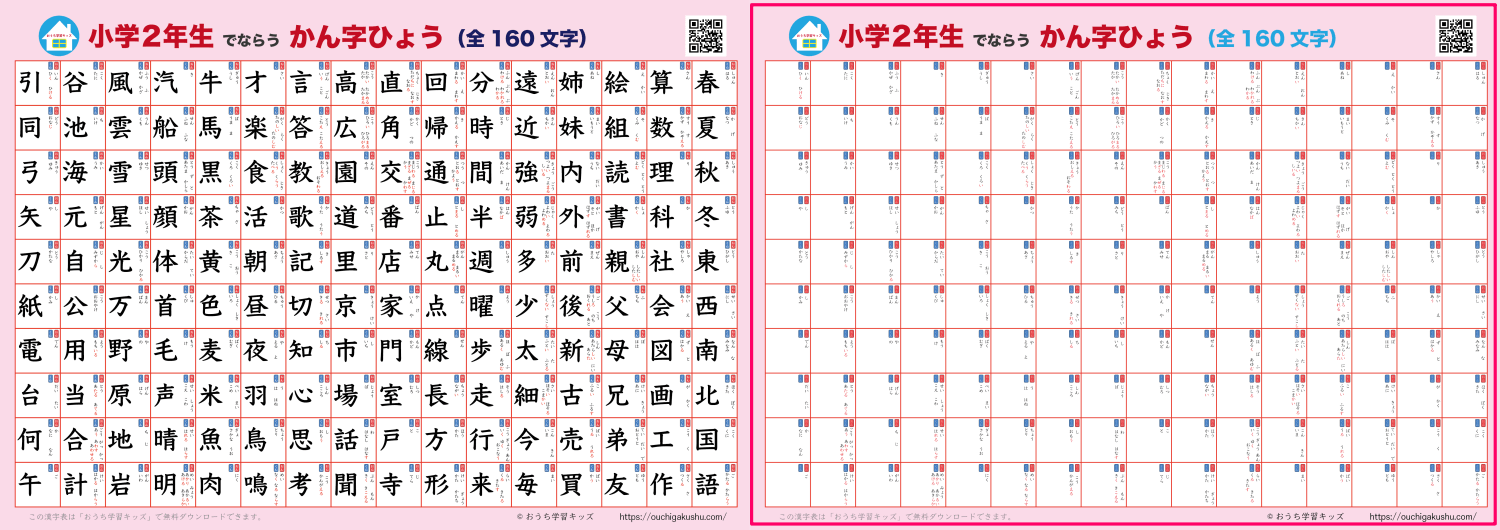 漢字表・ポスター（小学2年生）ピンク。漢字が書かれたタイプと自分で書いて飾れるタイプの比較