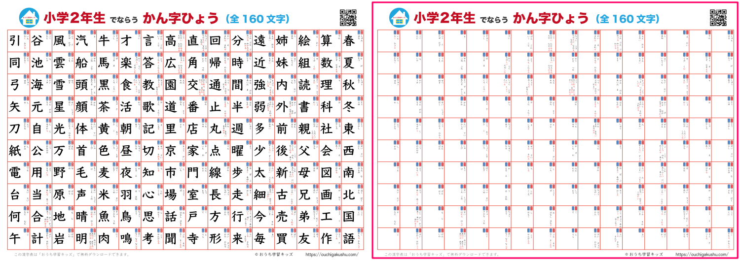 漢字表・ポスター（小学2年生）ホワイト。漢字が書かれたタイプと自分で書いて飾れるタイプの比較