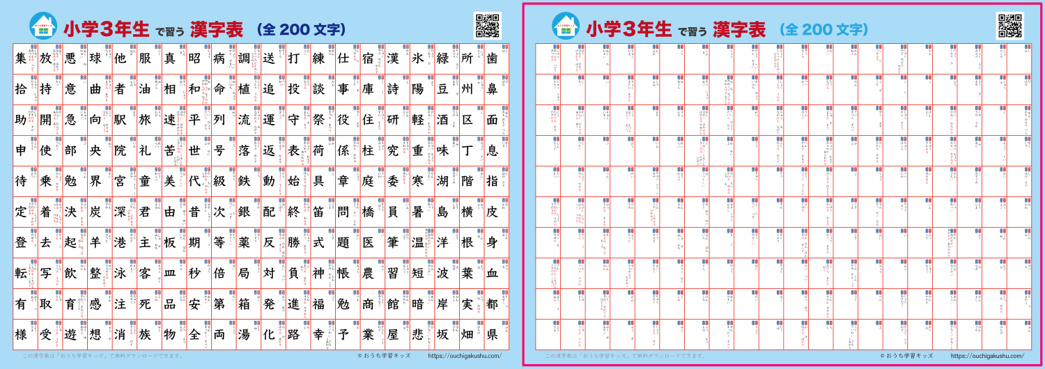 漢字表・ポスター（小学3年生）ブルー。漢字が書かれたタイプと自分で書いて飾れるタイプの比較