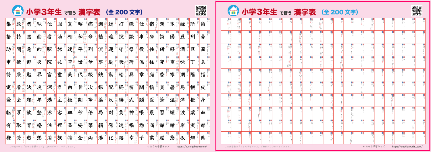 漢字表・ポスター（小学3年生）ピンク。漢字が書かれたタイプと自分で書いて飾れるタイプの比較