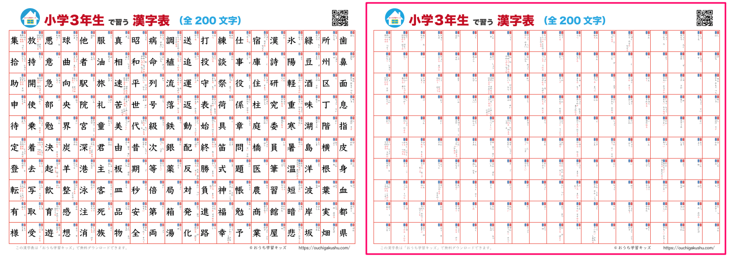 漢字表・ポスター（小学3年生）ホワイト。漢字が書かれたタイプと自分で書いて飾れるタイプの比較