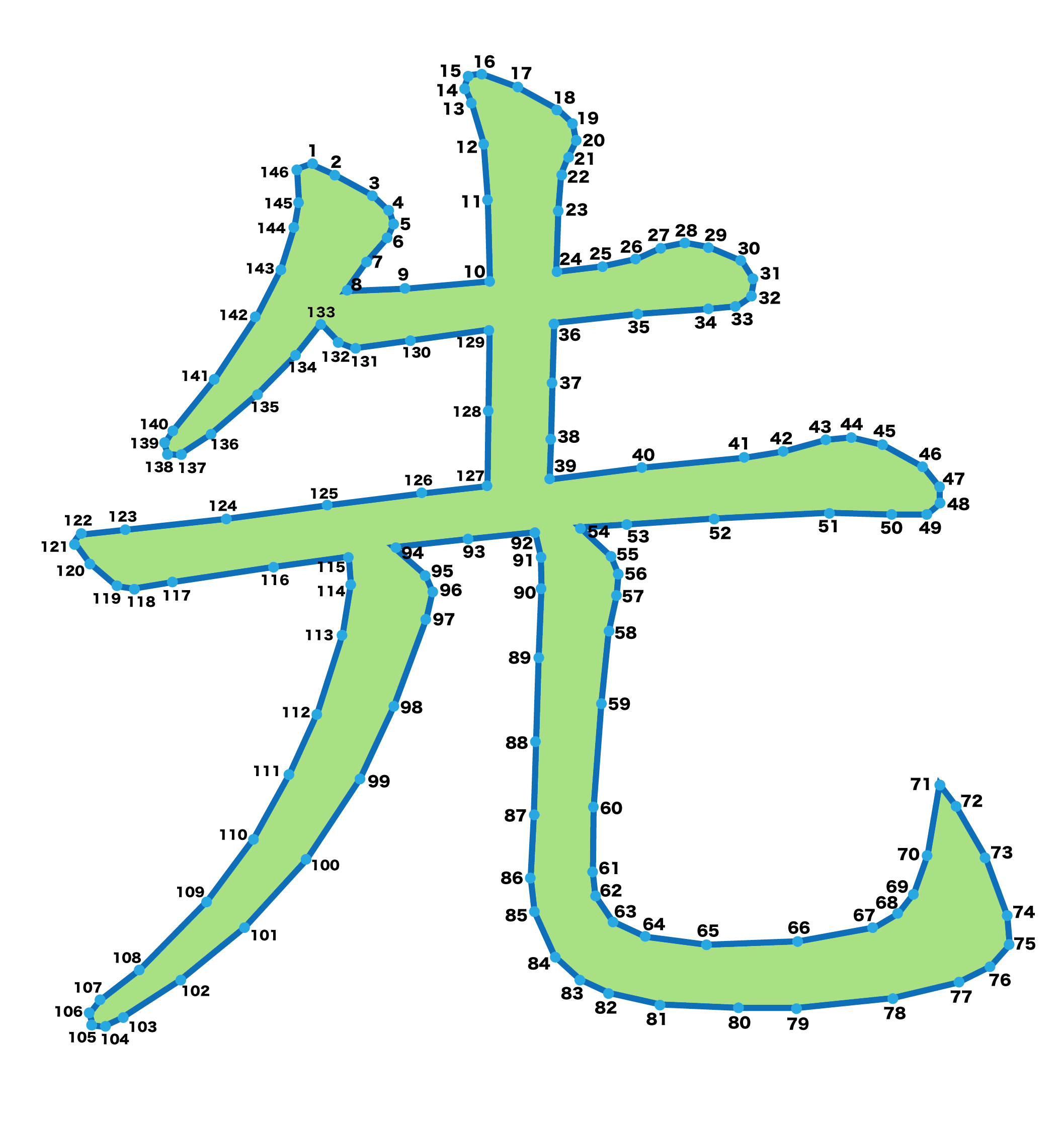 点つなぎ 漢字「先」(完成例)