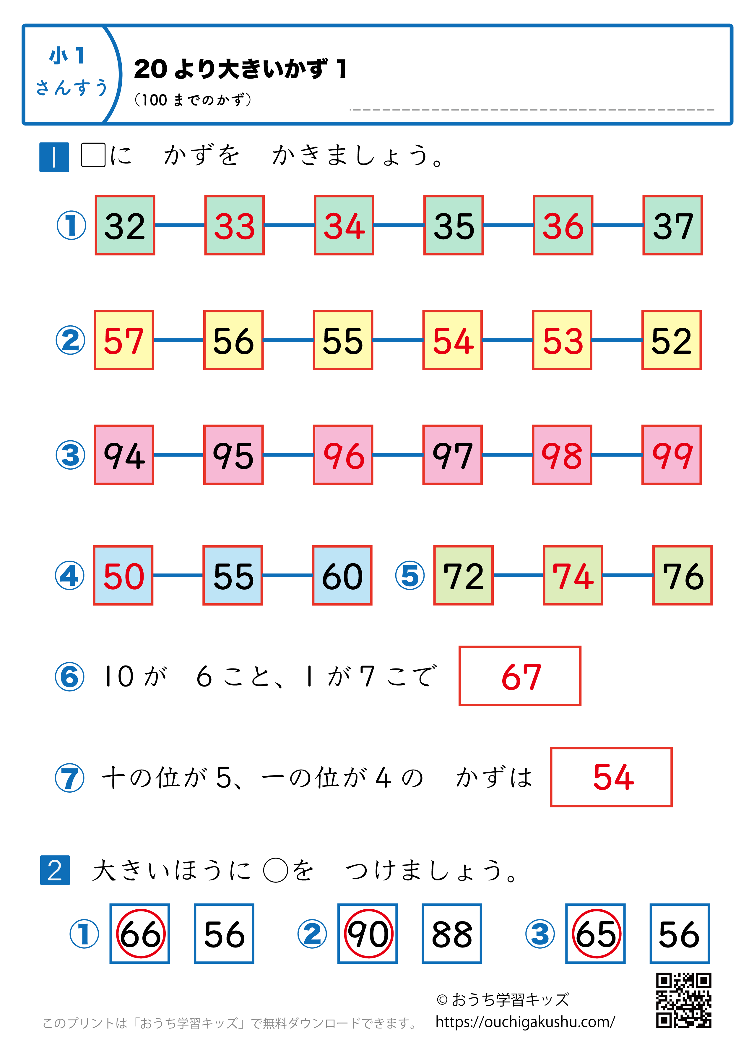 20より大きい数（100までの数）｜練習問題1｜小学1年生｜算数プリント（答え）