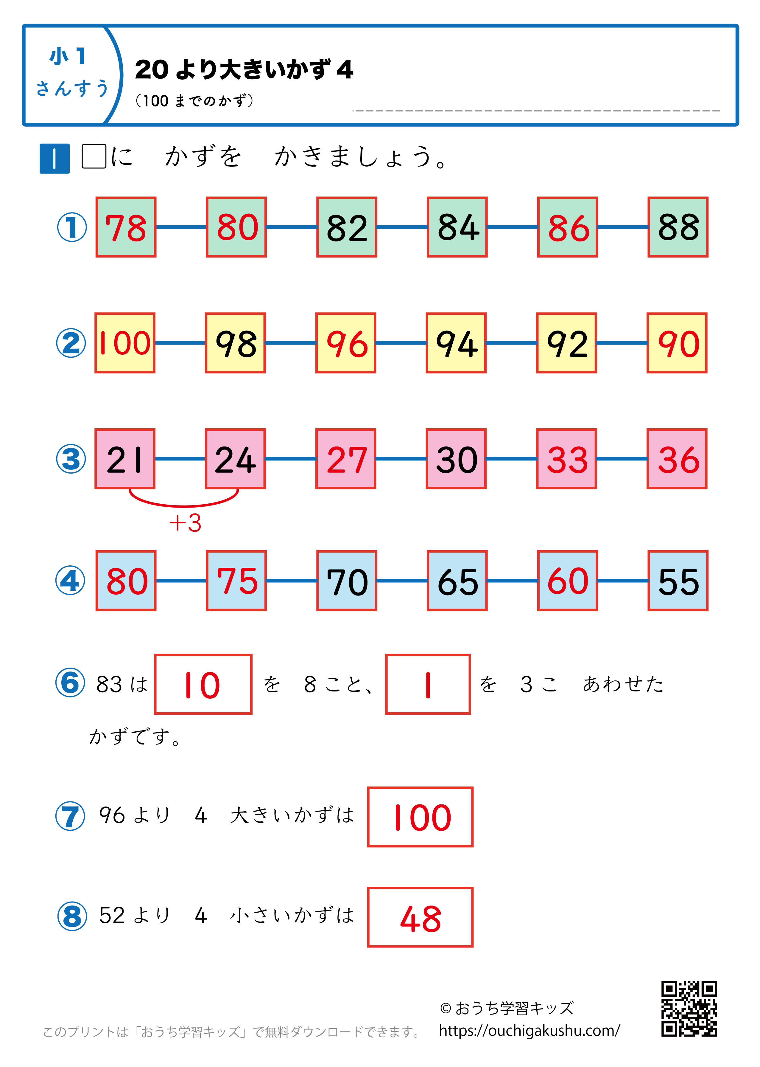 20より大きい数（100までの数）｜練習問題4｜小学1年生｜算数プリント（答え）