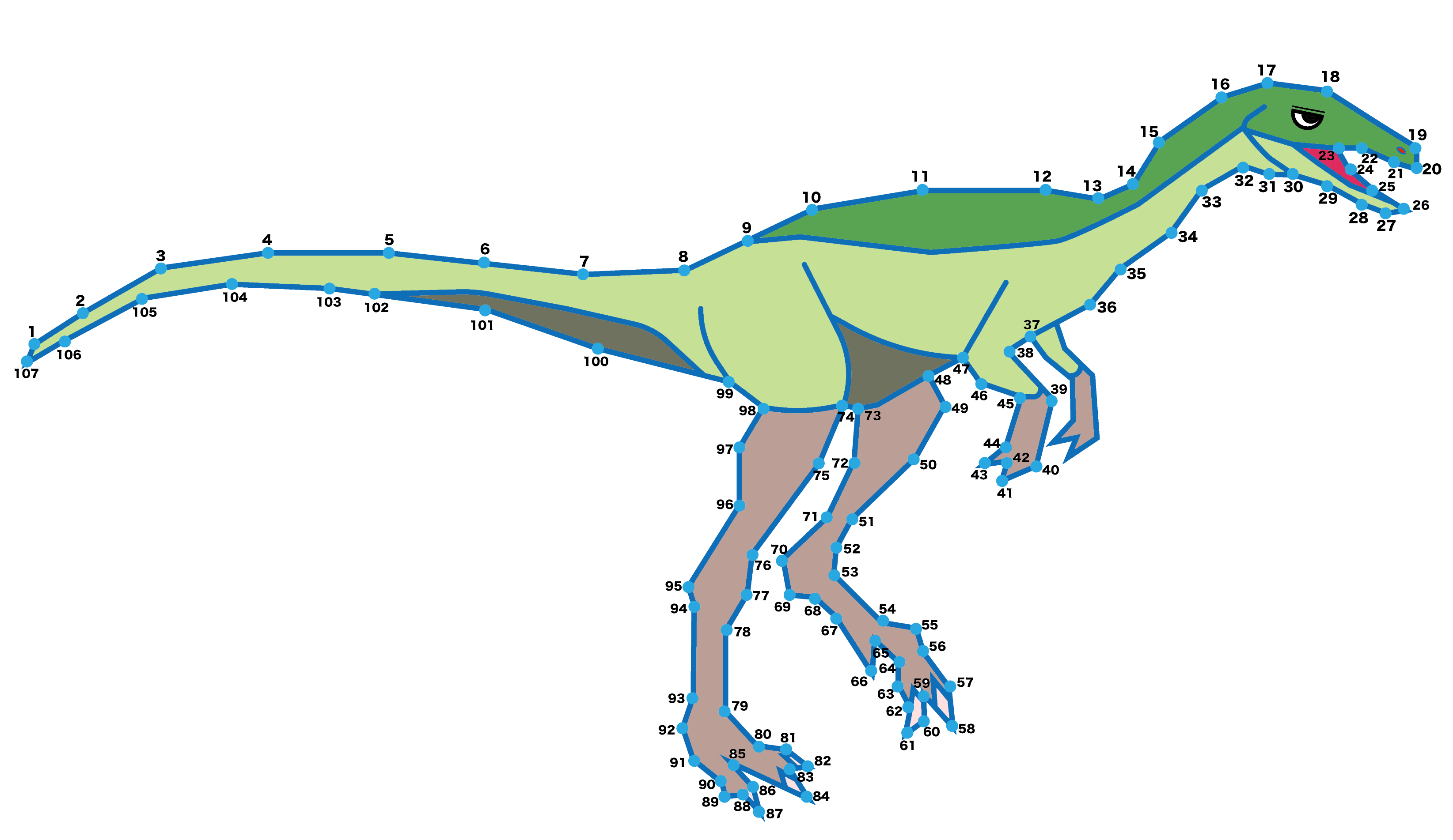点つなぎ　恐竜（35）コンプソグナトゥス（完成例）