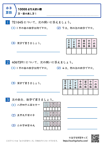 10000より大きい数｜万・億の表し方｜練習問題1｜小学3年生｜算数プリント（補助表付き）