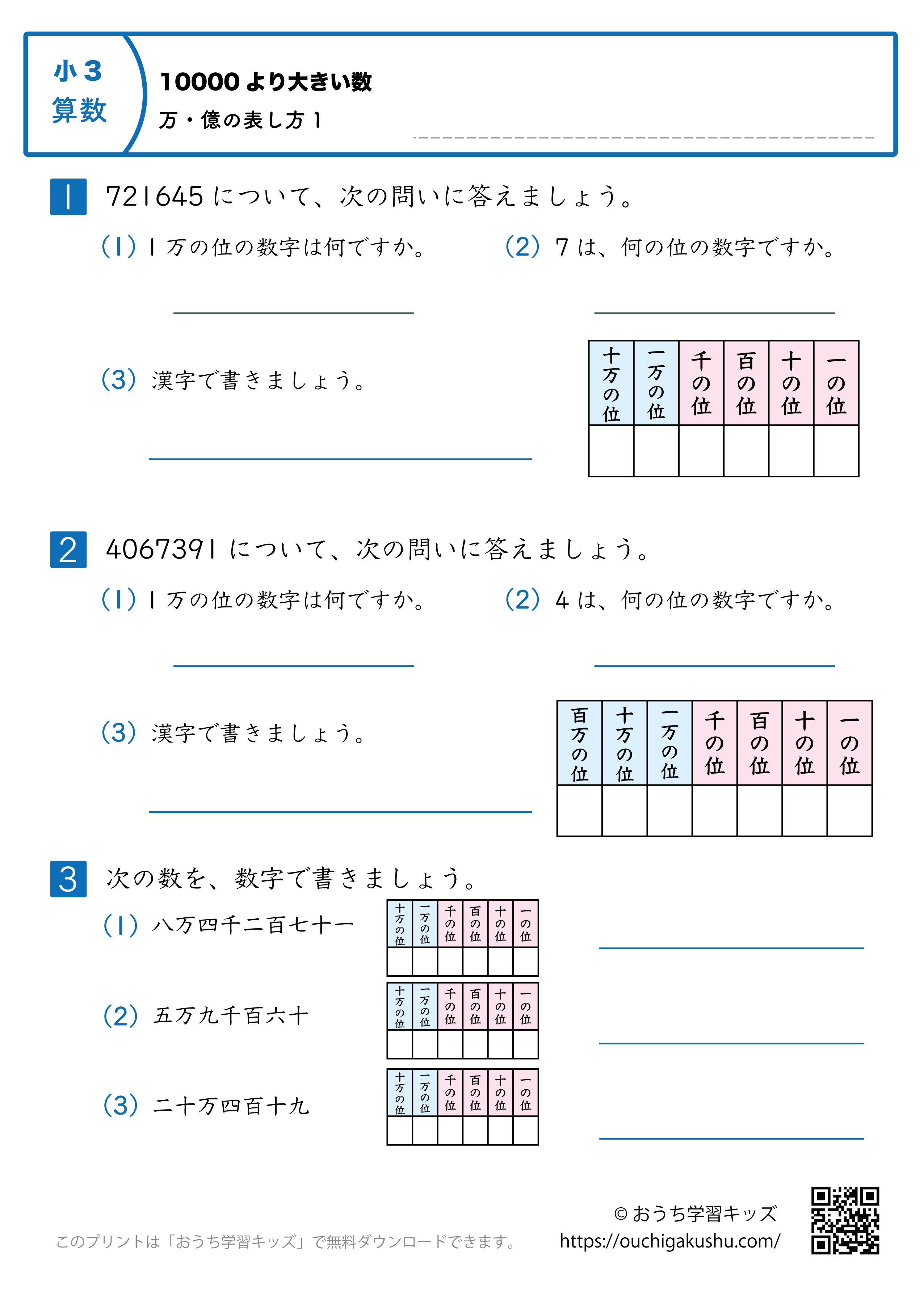 10000より大きい数|万・億の表し方|練習問題1|小学3年生|算数プリント(補助表付き)