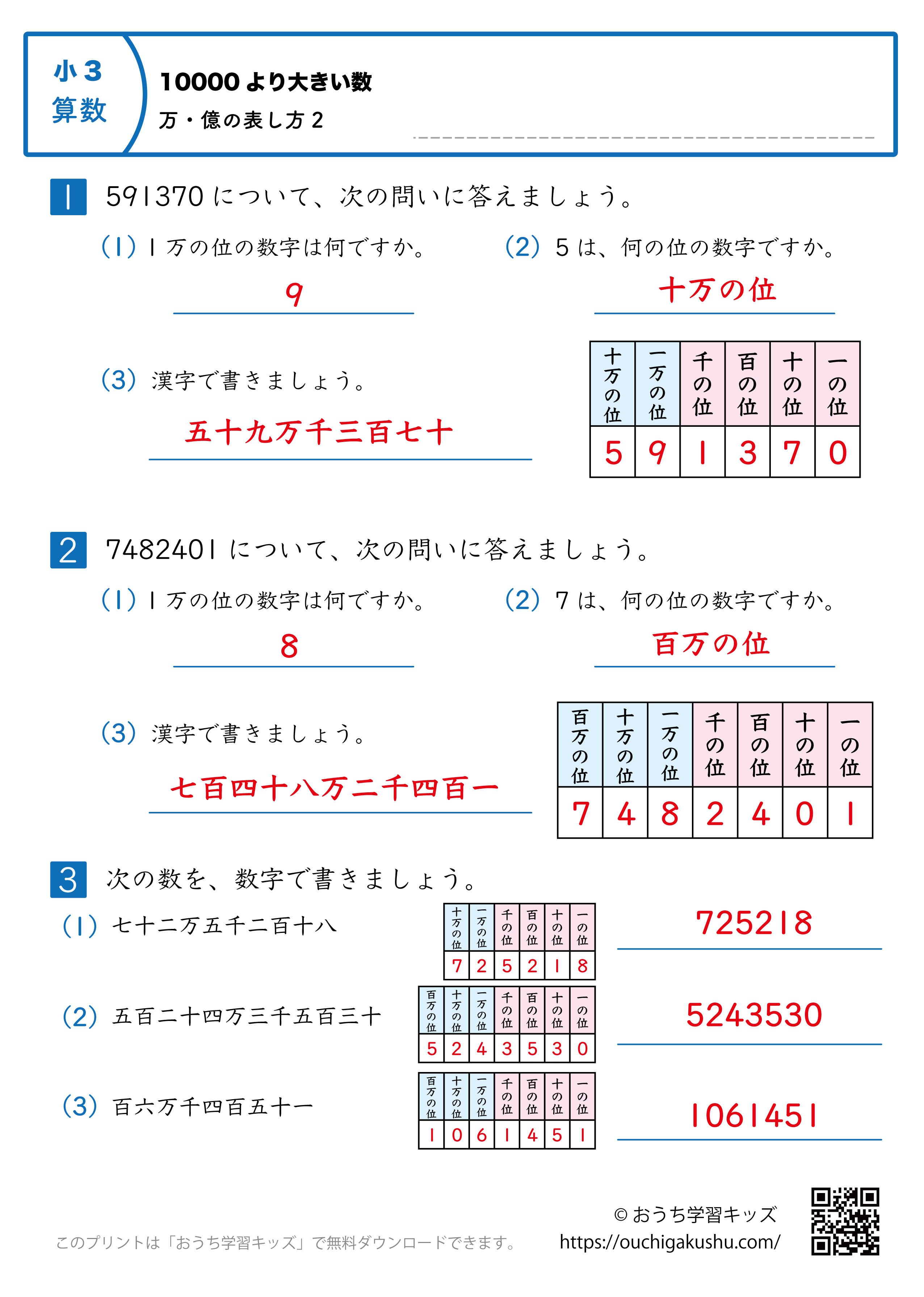 10000より大きい数|万・億の表し方|練習問題2|小学3年生|算数プリント(補助表付き・答え)