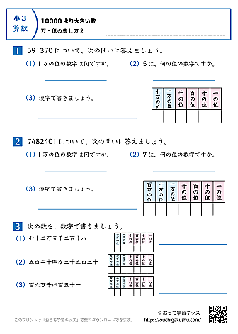 10000より大きい数｜万・億の表し方｜練習問題2｜小学3年生｜算数プリント（補助表付き）