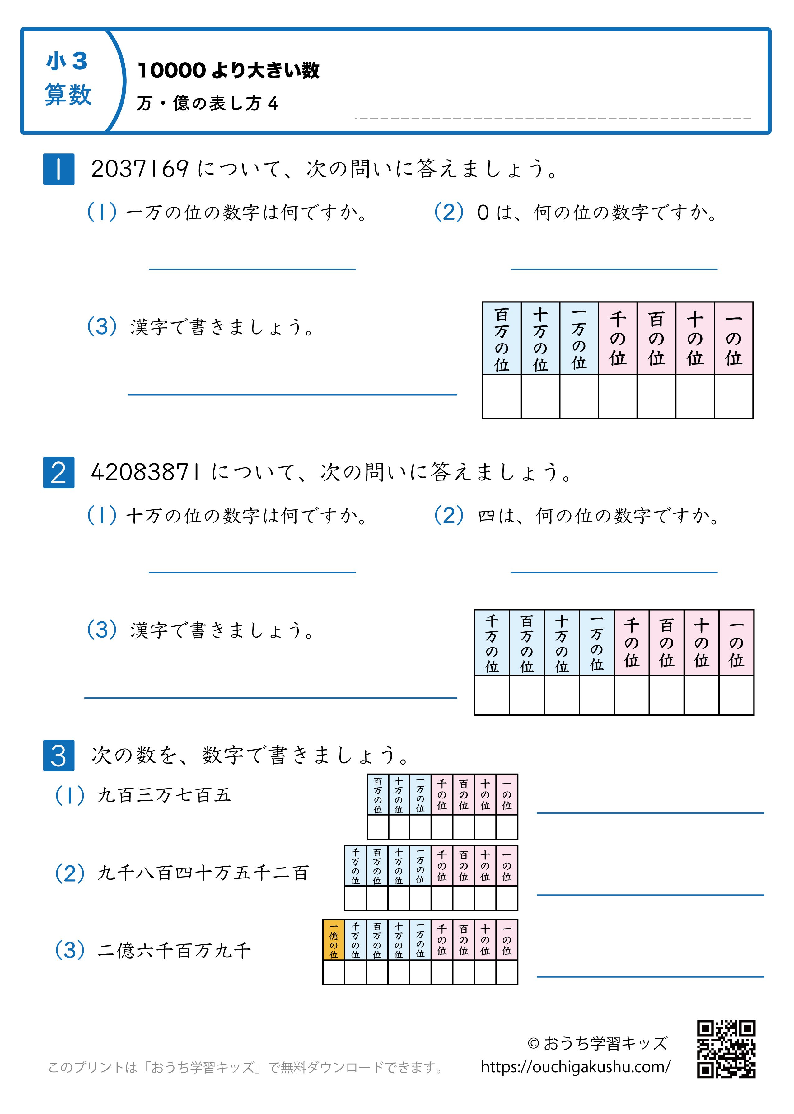 10000より大きい数｜万・億の表し方｜練習問題4｜小学3年生｜算数プリント（補助表付き）
