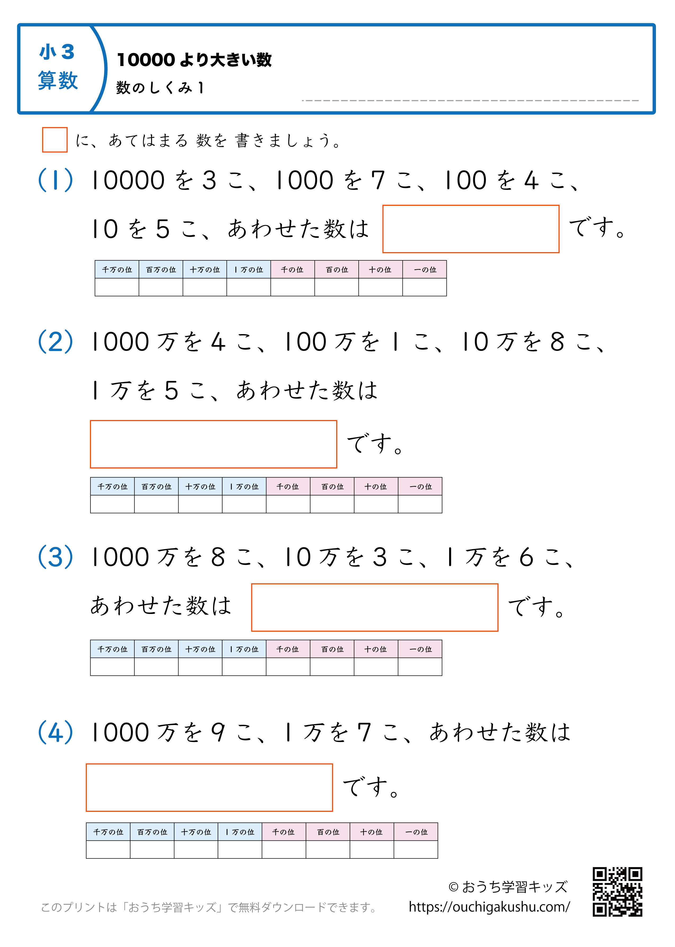 10000より大きい数（万・億の数の仕組み）練習問題1｜小学3年生｜算数プリント（補助表付き）
