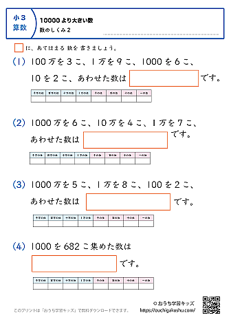 10000より大きい数（万・億の数の仕組み）練習問題2｜小学3年生｜算数プリント（補助表付き）