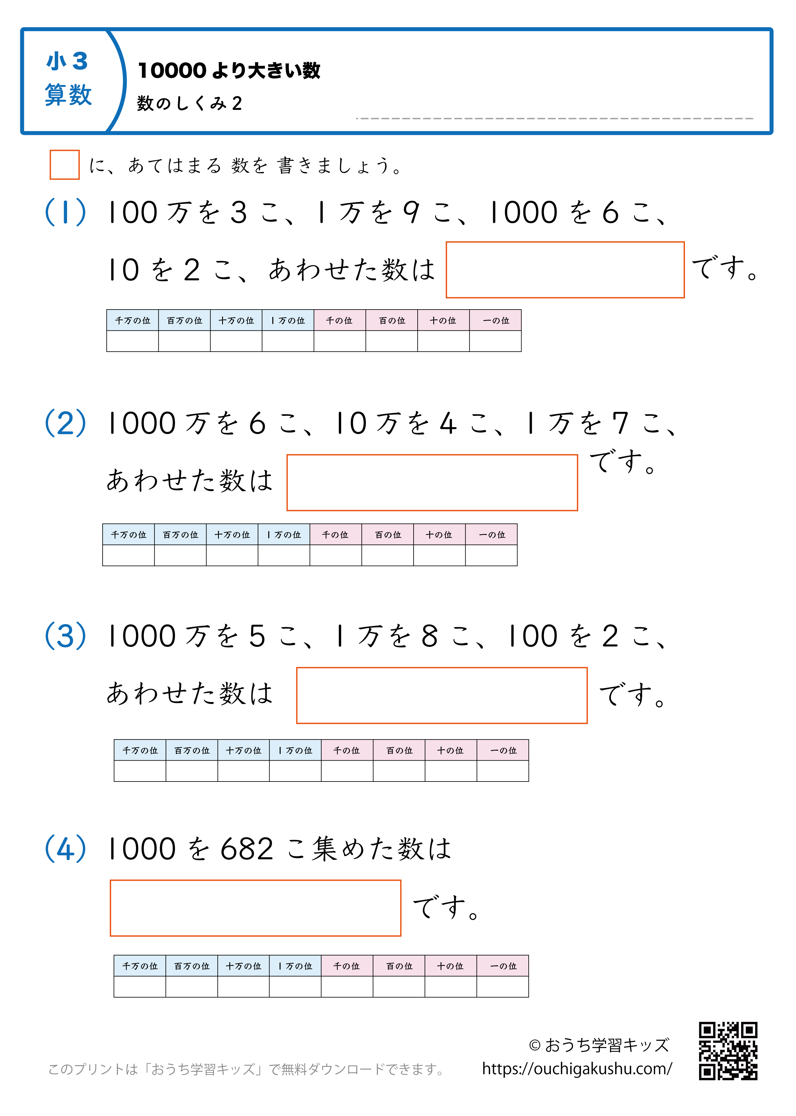 10000より大きい数（万・億の数の仕組み）練習問題2｜小学3年生｜算数プリント（補助表付き）