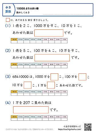 10000より大きい数（万・億の数の仕組み）練習問題3｜小学3年生｜算数プリント（補助表付き）