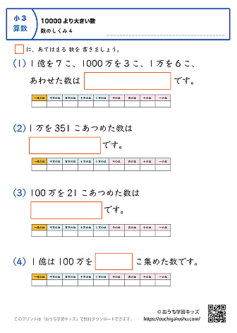 10000より大きい数（万・億の数の仕組み）練習問題4｜小学3年生｜算数プリント（補助表付き）