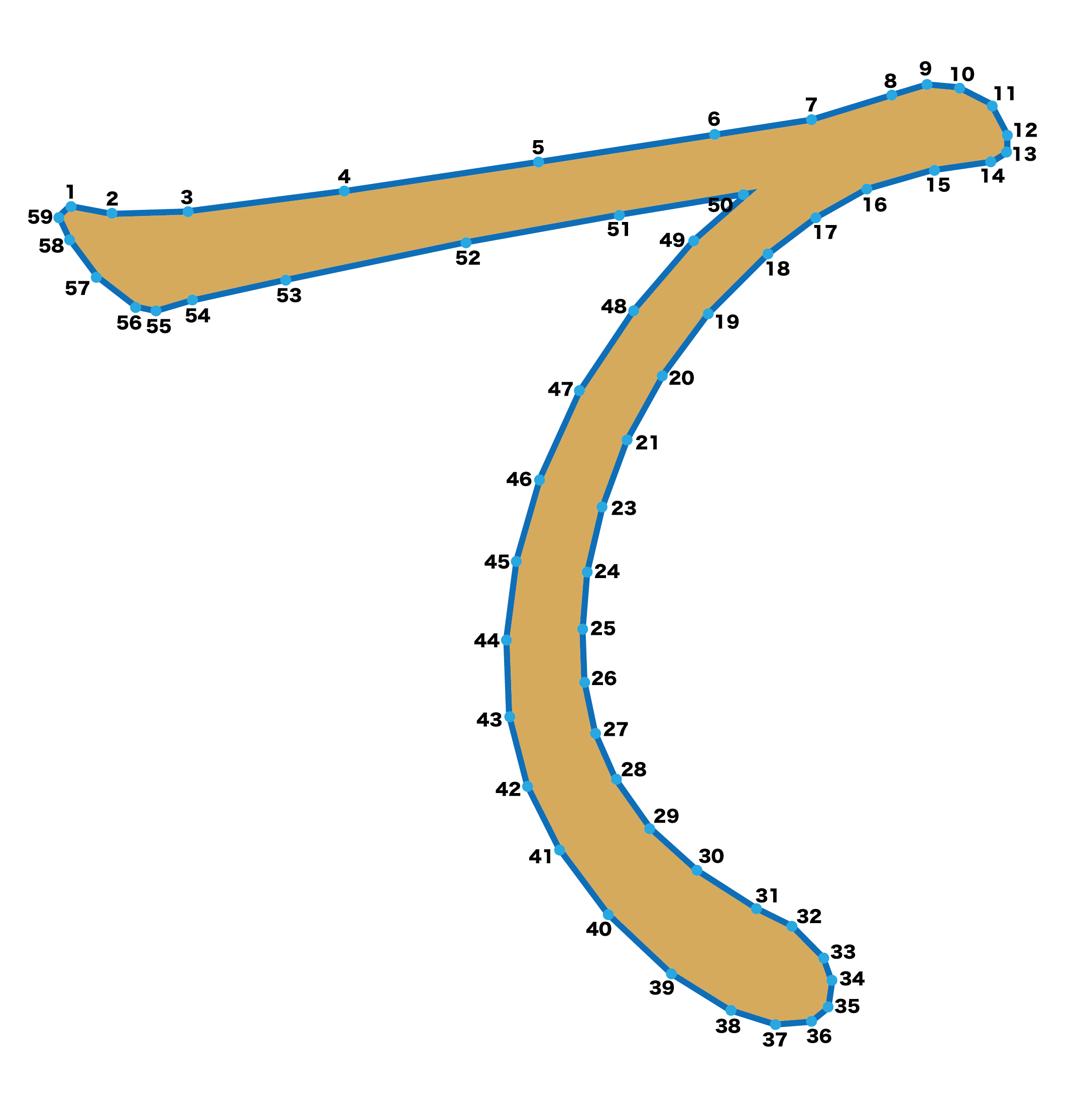 点つなぎ　ひらがな「て」（完成例）