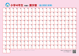 自分で書いて飾れる漢字表・ポスター(小学4年生)ピンク