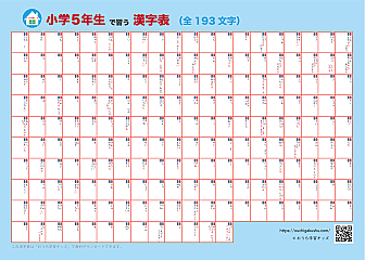 自分で書いて飾れる漢字表・ポスター(小学5年生)ブルー