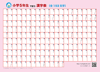 自分で書いて飾れる漢字表・ポスター(小学5年生)ピンク