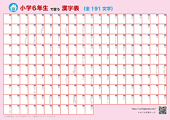 自分で書いて飾れる漢字表・ポスター（小学6年生）ピンク
