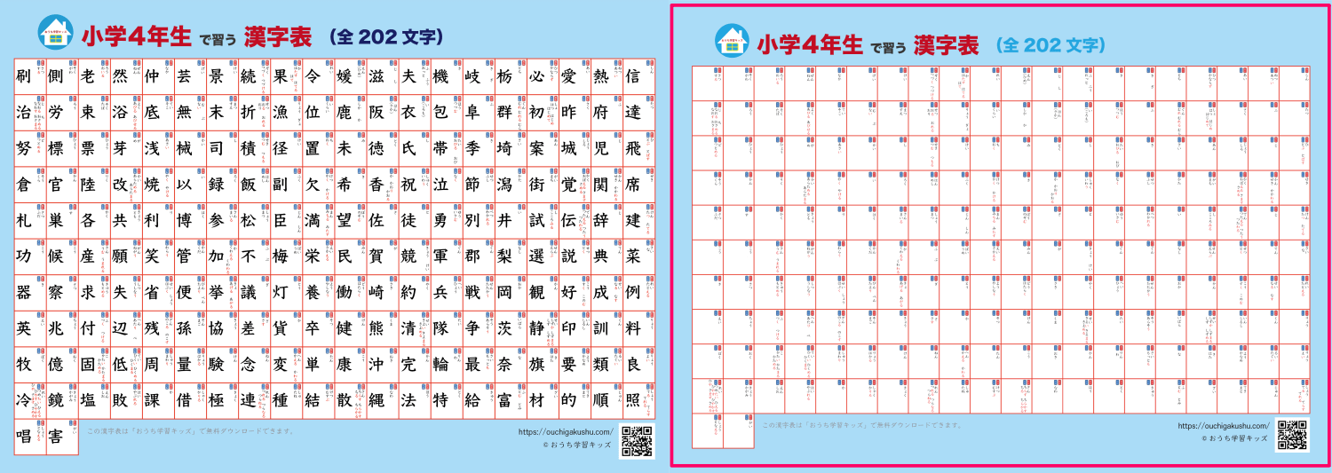 漢字表・ポスター（小学4年生）ブルー。漢字が書かれたタイプと自分で書いて飾れるタイプの比較