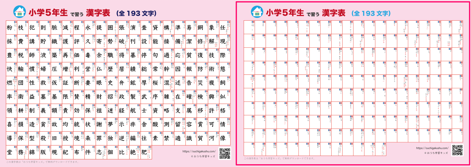 漢字表・ポスター(小学5年生)ピンク。漢字が書かれたタイプと自分で書いて飾れるタイプの比較