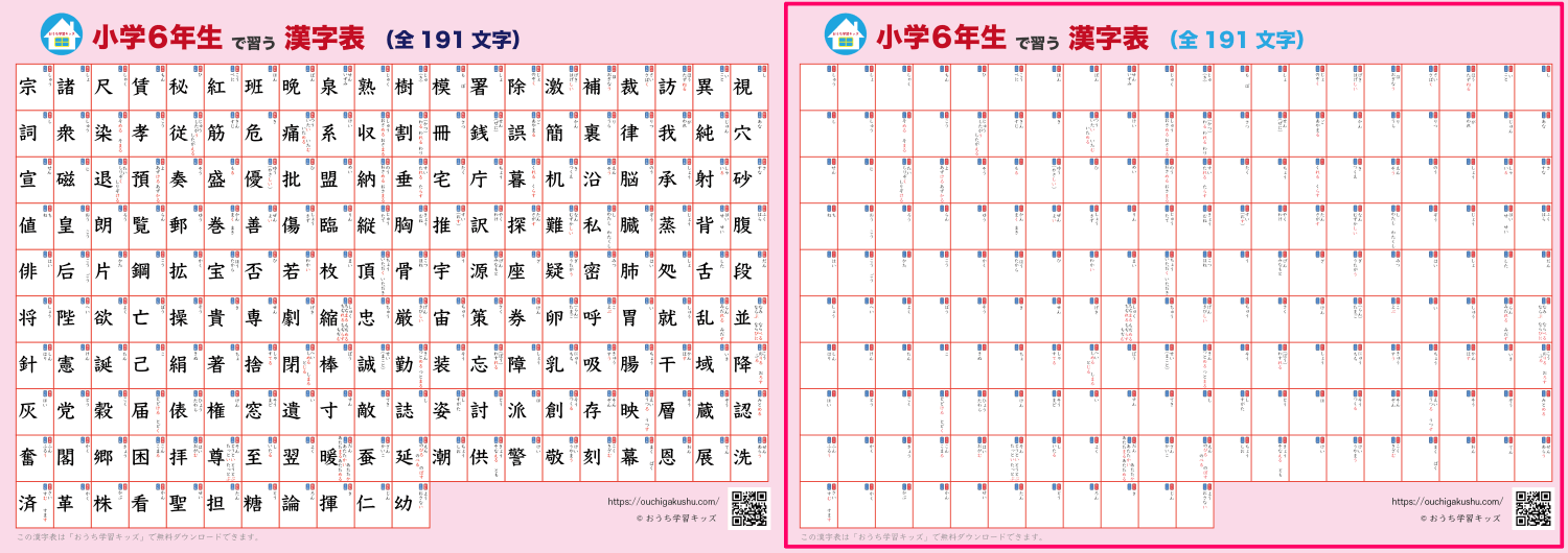 漢字表・ポスター(小学6年生)ピンク。漢字が書かれたタイプと自分で書いて飾れるタイプの比較
