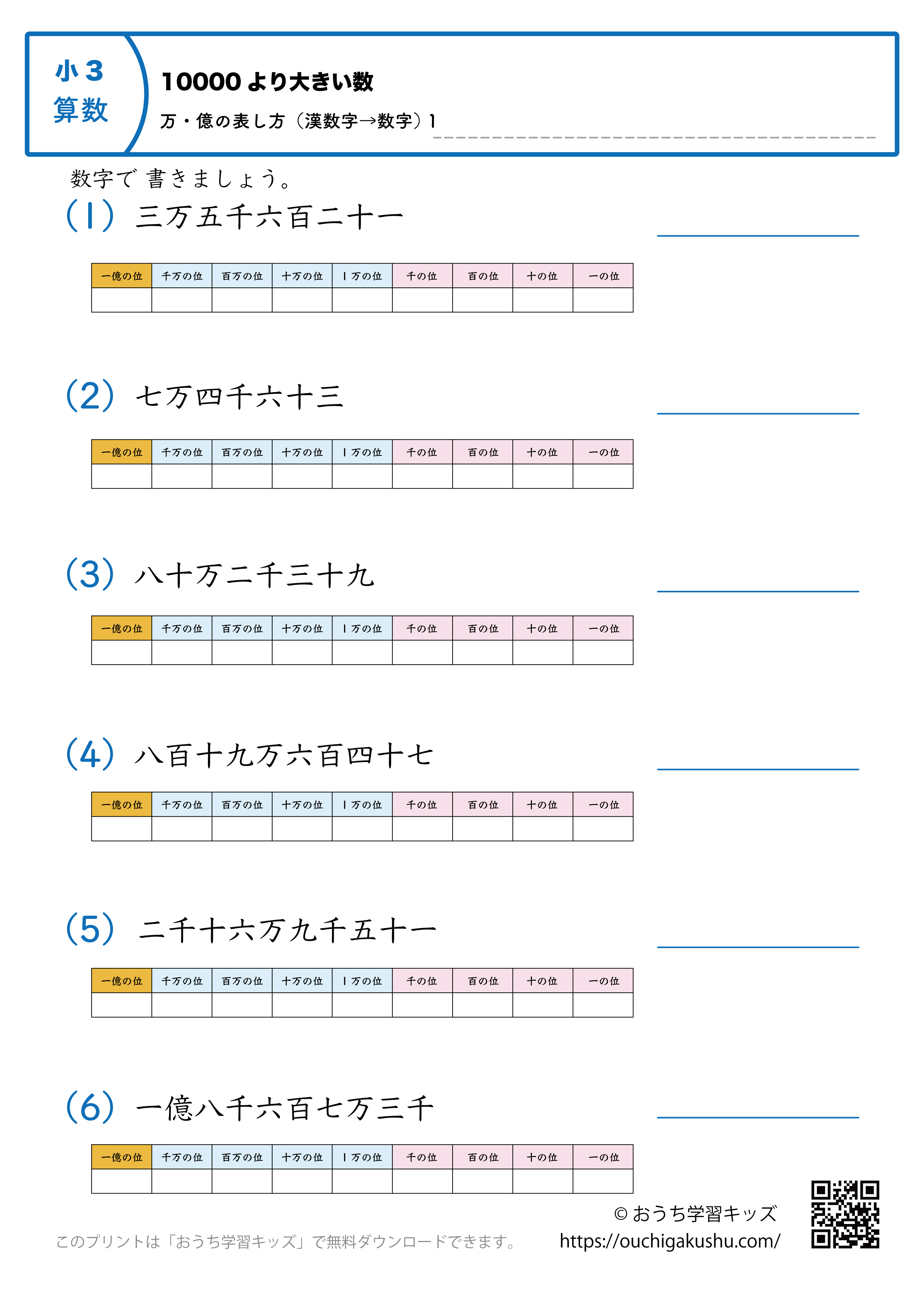 10000より大きい数|万・億の表し方(漢数字→数字)|練習問題 1枚目|小学3年生|算数プリント。答えと補助表付き。PDFファイルを無料ダウンロード&印刷(補助表付き)