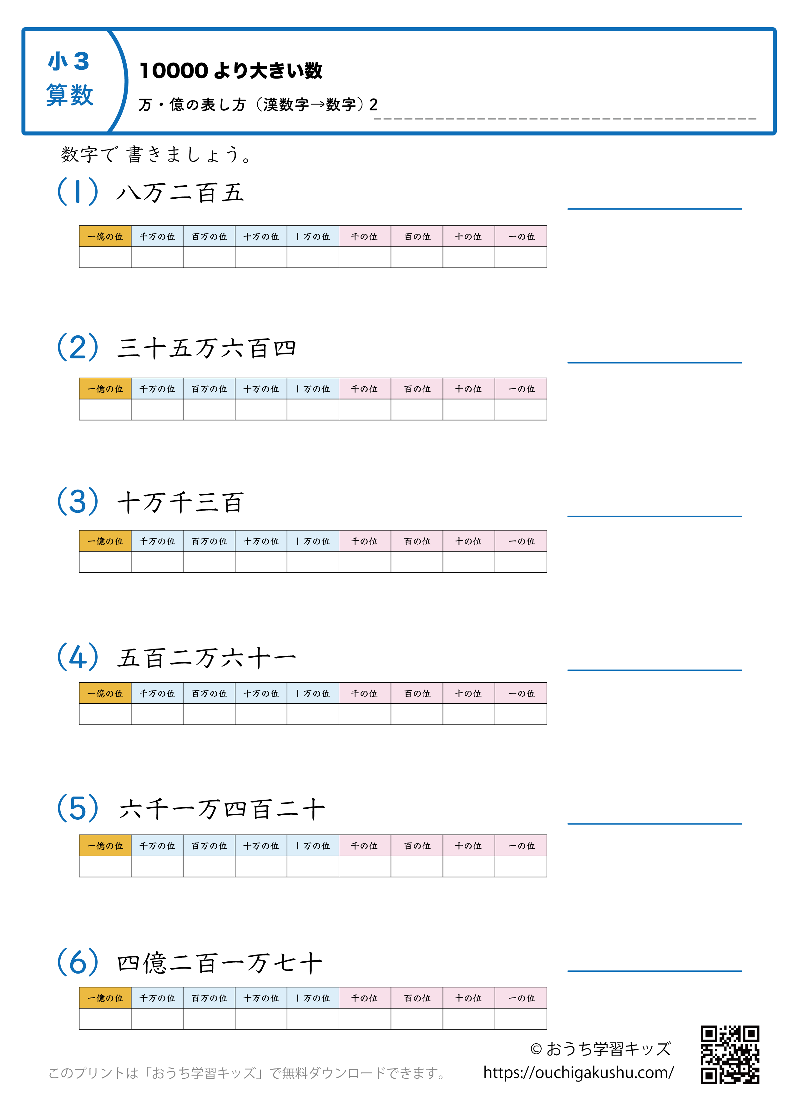 10000より大きい数|万・億の表し方(漢数字→数字)|練習問題2|小学3年生|算数プリント(補助表付き)