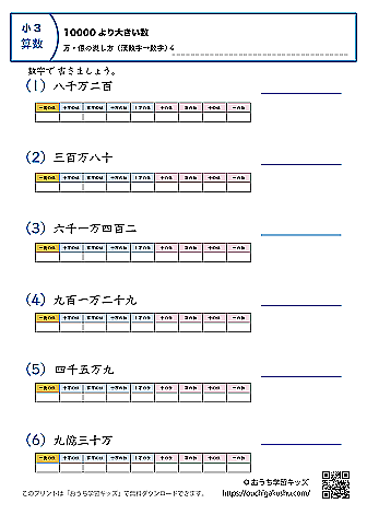 10000より大きい数｜万・億の表し方（漢数字→数字）｜練習問題4｜小学3年生｜算数プリント（補助表付き）