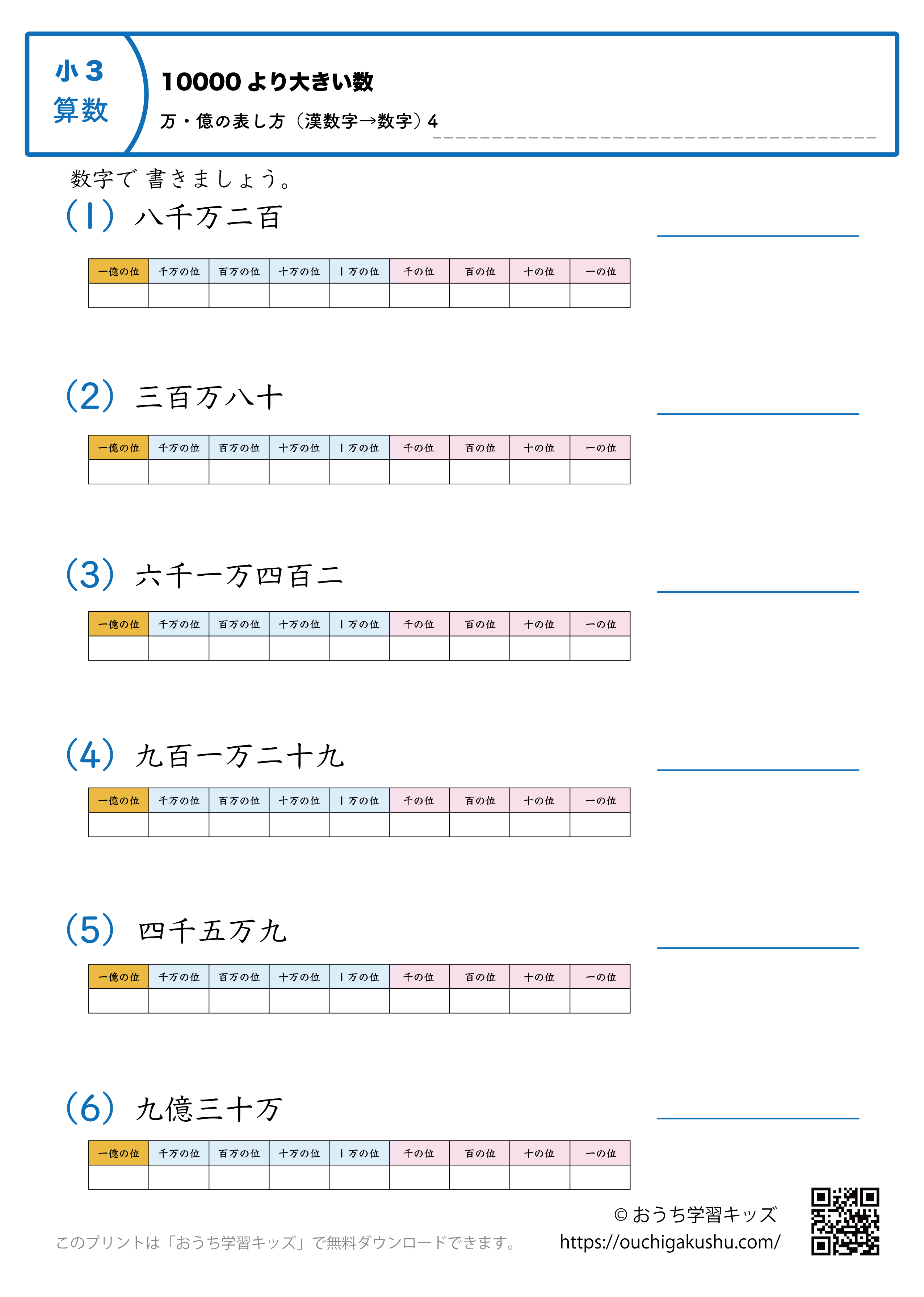 10000より大きい数|万・億の表し方(漢数字→数字)|練習問題4|小学3年生|算数プリント(補助表付き)