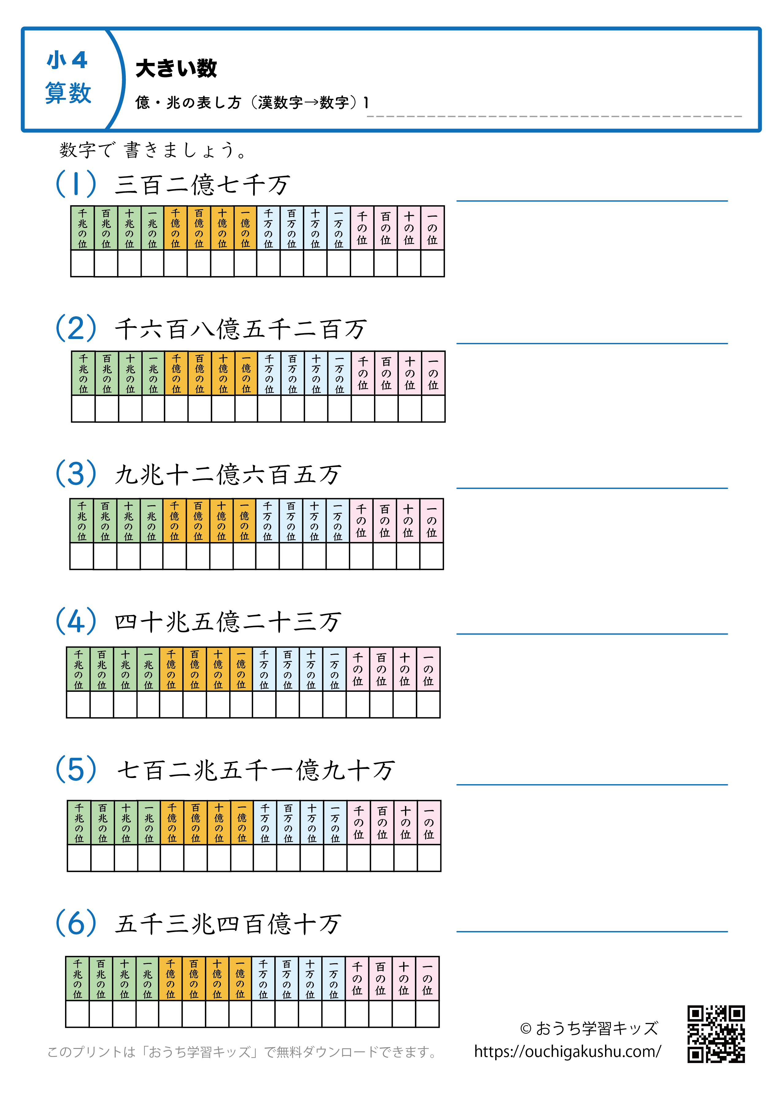大きい数｜億・兆の表し方（漢数字→数字）｜練習問題1｜小学4年生｜算数プリント（補助表付き）