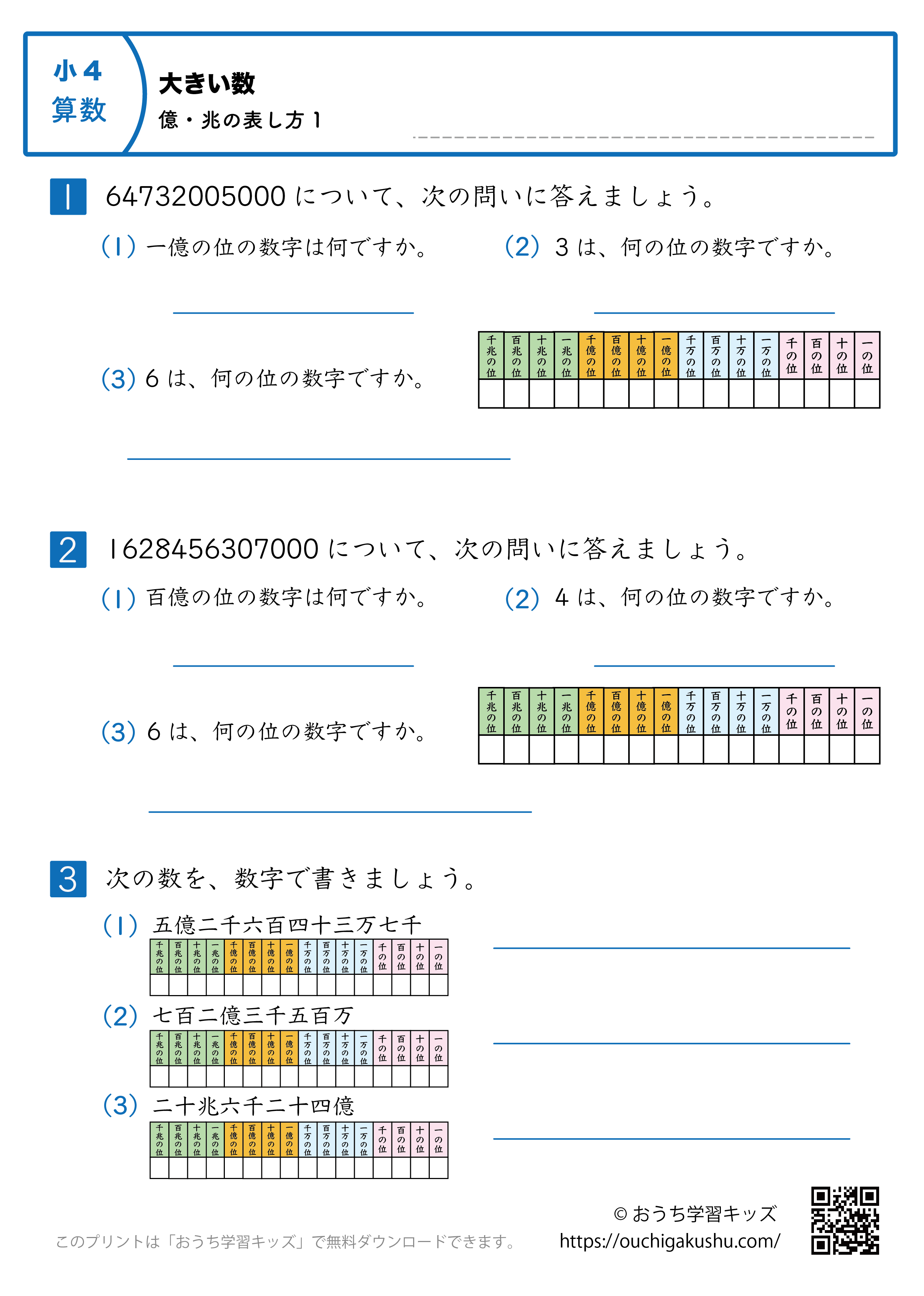 大きい数（億・兆の表し方）｜練習問題1｜小学4年生｜算数プリント（補助表付き）