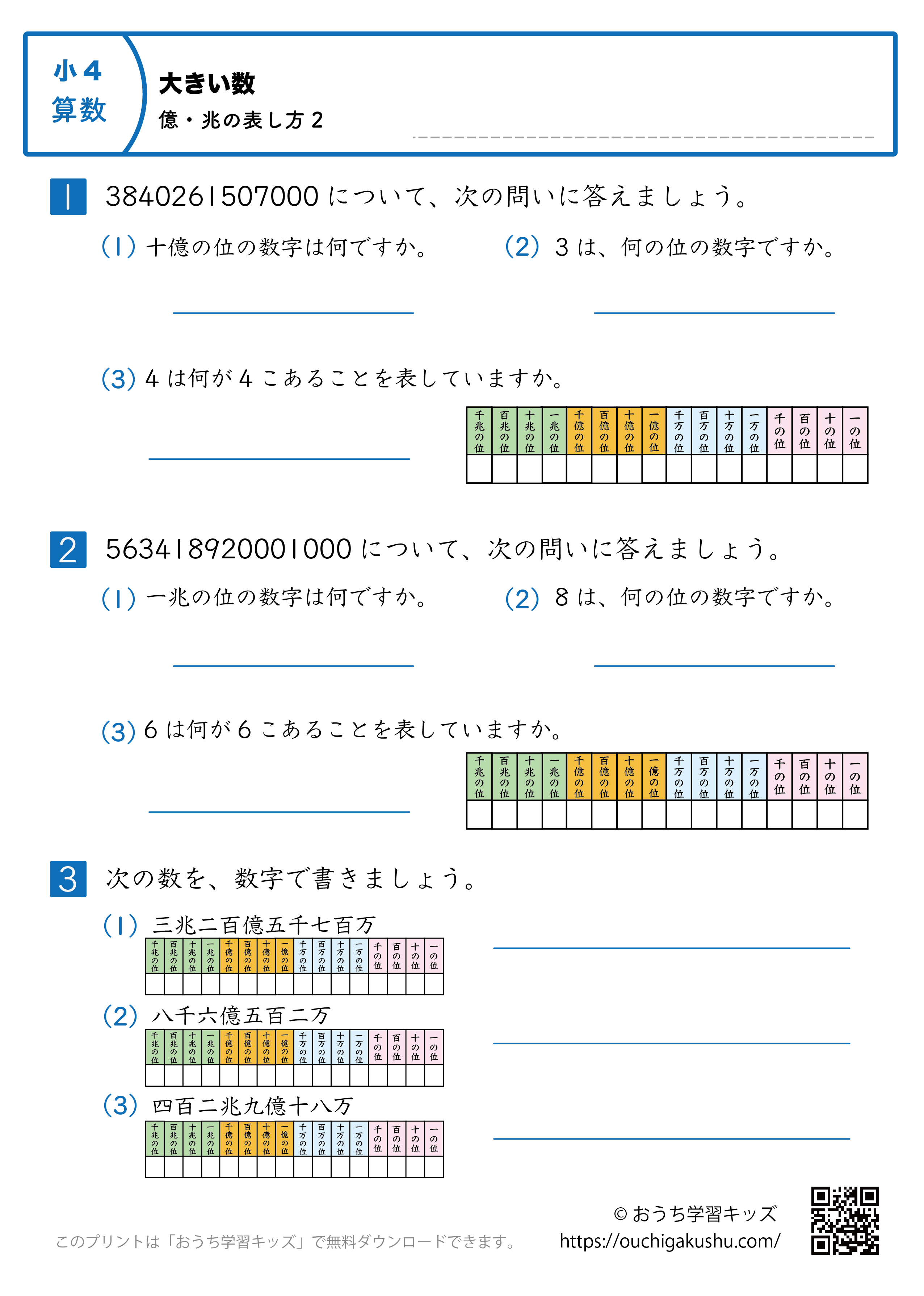 大きい数(億・兆の表し方)|練習問題2|小学4年生|算数プリント(補助表付き)
