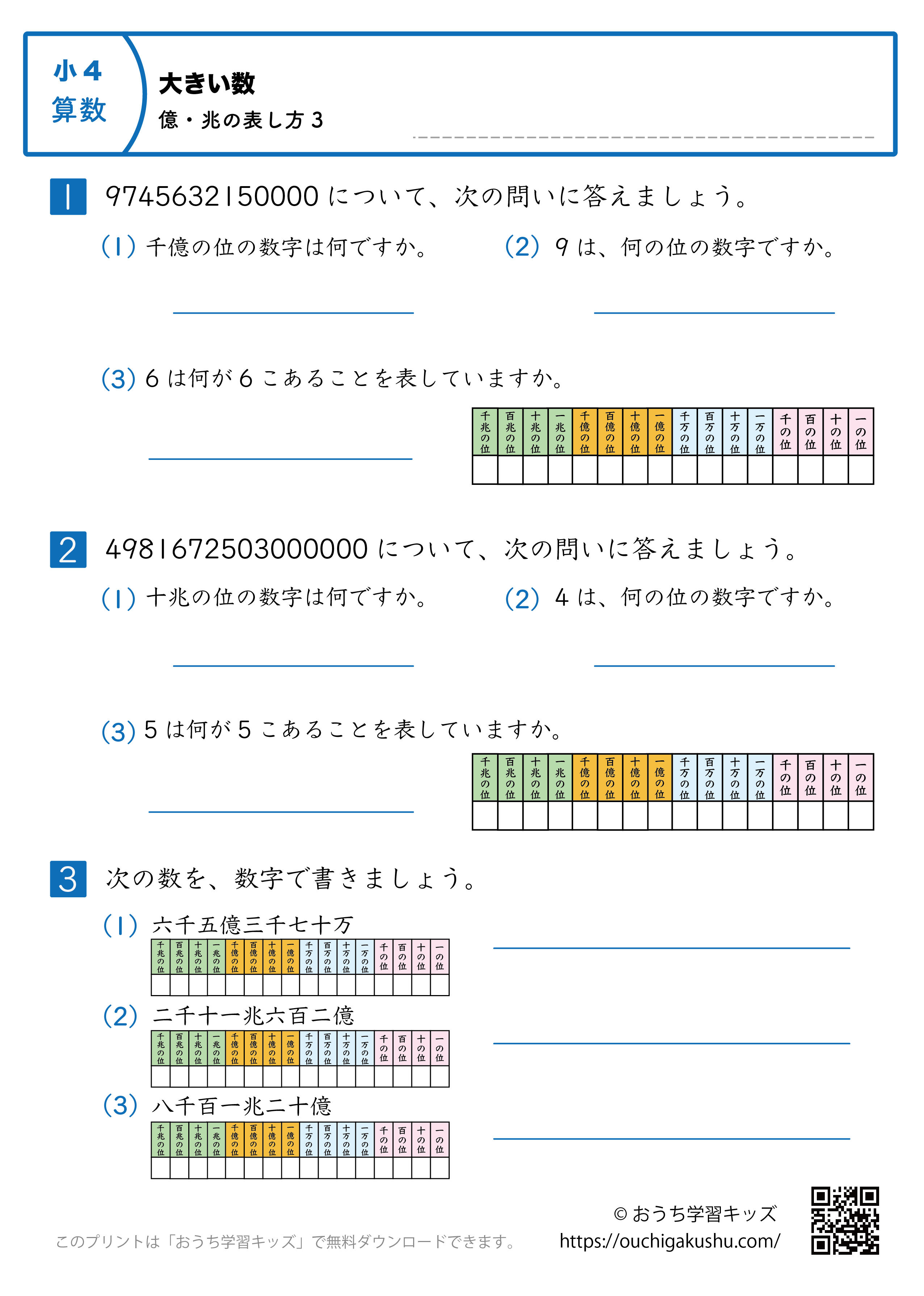 大きい数（億・兆の表し方）｜練習問題3｜小学4年生｜算数プリント（補助表付き）