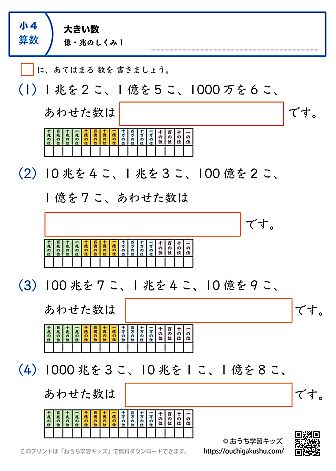 大きい数（億・兆の数の仕組み）｜練習問題1｜小学4年生｜算数プリント（補助表付き）