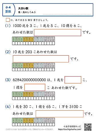 大きい数（億・兆の数の仕組み）｜練習問題3｜小学4年生｜算数プリント（補助表付き）